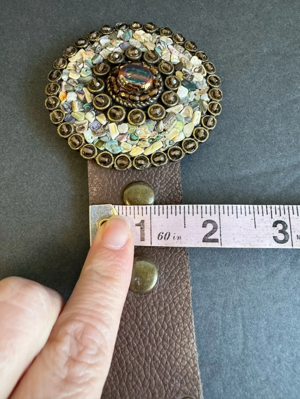 Leatherock Brown Studded Leather Belt Abalone Mosaic Stone‎ Buckle Cowgirl XL